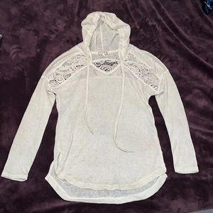 Light Weight Cream Sweater with hood and Crochet embellishments- Size Small
